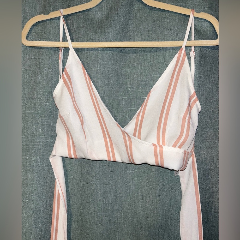 Stripped V-neck crop top that ties in the back with adjustable straps